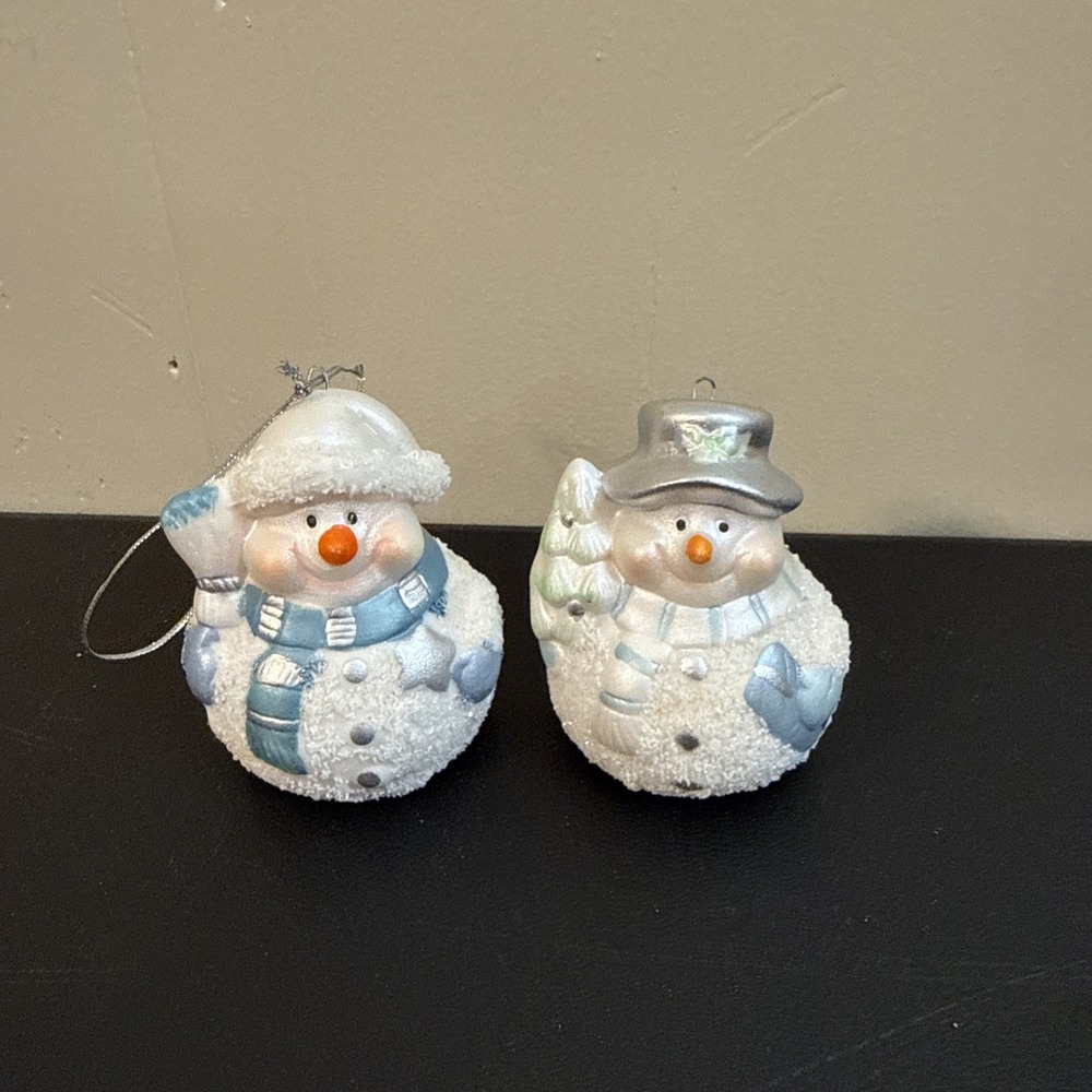 Vintage Blue & White Snow Men Ornaments Glitter Snow Texture